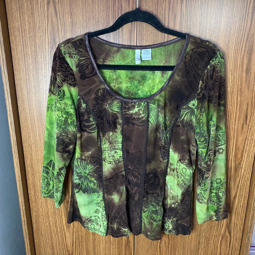 Sami+JO Blouse Womens Large Green Brown Tie Dye Floral Lace Trim Long Sleeve y2k